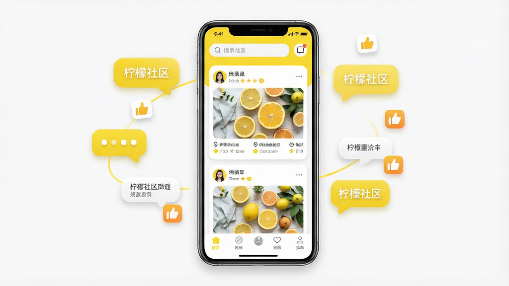 һ��չʾ���������ƶ���Ӧ��������ĳ���ͼ������������һ�������ֻ�����Ļ��ʾ��������APP����ҳ��̬��Ϣ�����������������ʻƺͰ�ɫΪ��ɫ��������������������Ϣͼ�꣬�ײ�Ϊ�����˵�����Χ�����Ŵ����罻�������������ݺ͵���ͼ�꣬���岼�ּ�����죬����ִ����£�ϸ�ڰ���Բ�ǿ�Ƭ���û�ͷ��Ͷ�̬��ͼ�����ʸ��壬����ɾ����޶���Ԫ��