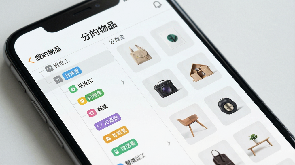 智能分类管理功能展示图,画面主体为手机屏幕特写,屏幕中显示「我的物品」软件的分类管理界面,左侧为分类树形目录,右侧为物品缩略图网格,布局采用左右分栏排版,风格为清新浅色系UI,细节上每个分类图标带有不同颜色标签,画质高清,干净,无多余元素