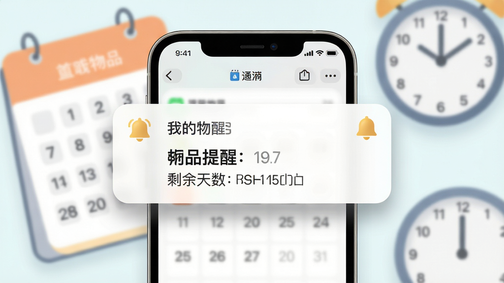 到期提醒功能示意图,画面中心为手机通知界面,显示「我的物品」软件的到期提醒通知卡片,卡片上写有物品名称和剩余天数,背景为日历和时钟元素,布局为居中展示,风格为柔和圆角卡片设计,细节上通知卡片带有轻微阴影和铃铛图标,画质高清,干净,无多余元素
