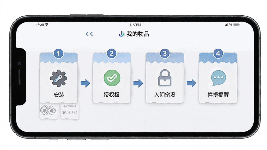 新手使用操作流程图,画面主体为手机屏幕,屏幕中显示「我的物品」软件的操作步骤截图,包含安装、授权、录入、提醒四个环节,布局采用横向流程图排版,风格为简洁教程风格,细节上每个步骤配有数字序号和箭头指引,画质高清,干净,无多余元素