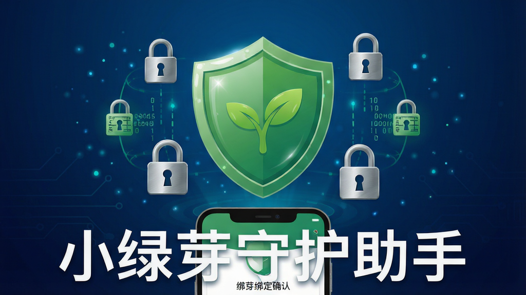 一张展示小绿芽守护助手安全防护功能的示意图,画面中央是一个绿色盾牌图标,盾牌周围环绕着锁形图标和数据加密符号,背景为深蓝色科技感渐变,盾牌下方有一部手机显示绑定确认界面,整体风格稳重可靠,采用扁平化设计,细节包括盾牌高光、锁形图标金属质感、背景粒子效果,画质高清干净,无多余元素,图片中标注文字“小绿芽守护助手”。