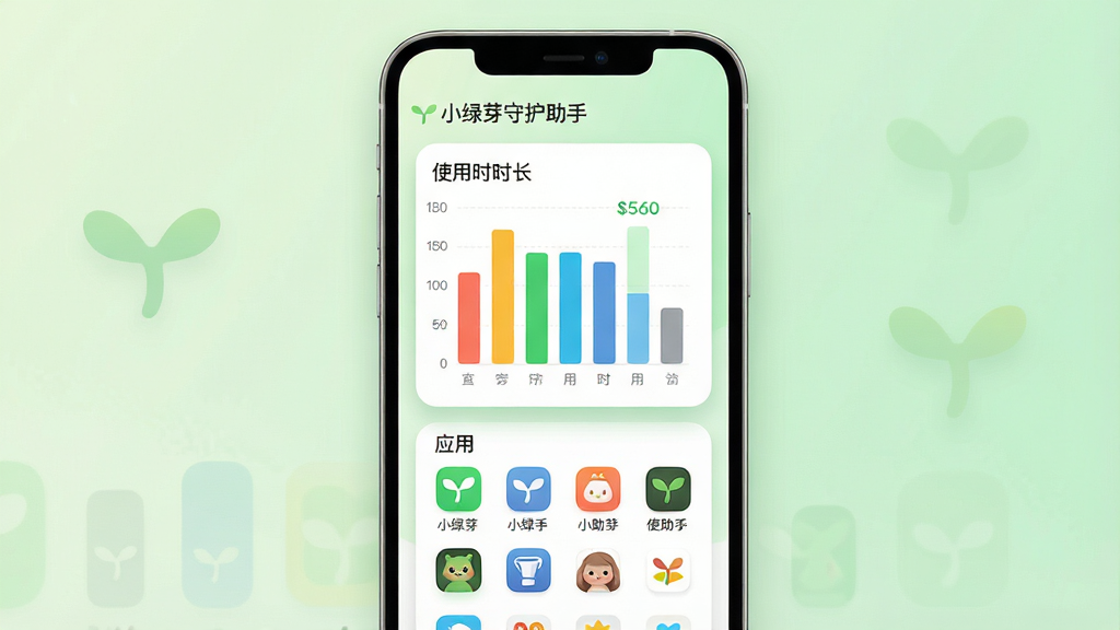 一张展示小绿芽守护助手应用使用记录功能的界面图,画面中一部手机屏幕上显示彩色条形统计图,图表中标注了不同应用的使用时长,图表下方有应用图标列表,背景为淡绿色渐变,整体风格简洁现代,采用卡片式布局,细节包括圆角矩形卡片、柔和阴影、绿色高亮数据条,画质清晰干净,无多余元素,图片中标注文字“小绿芽守护助手”。