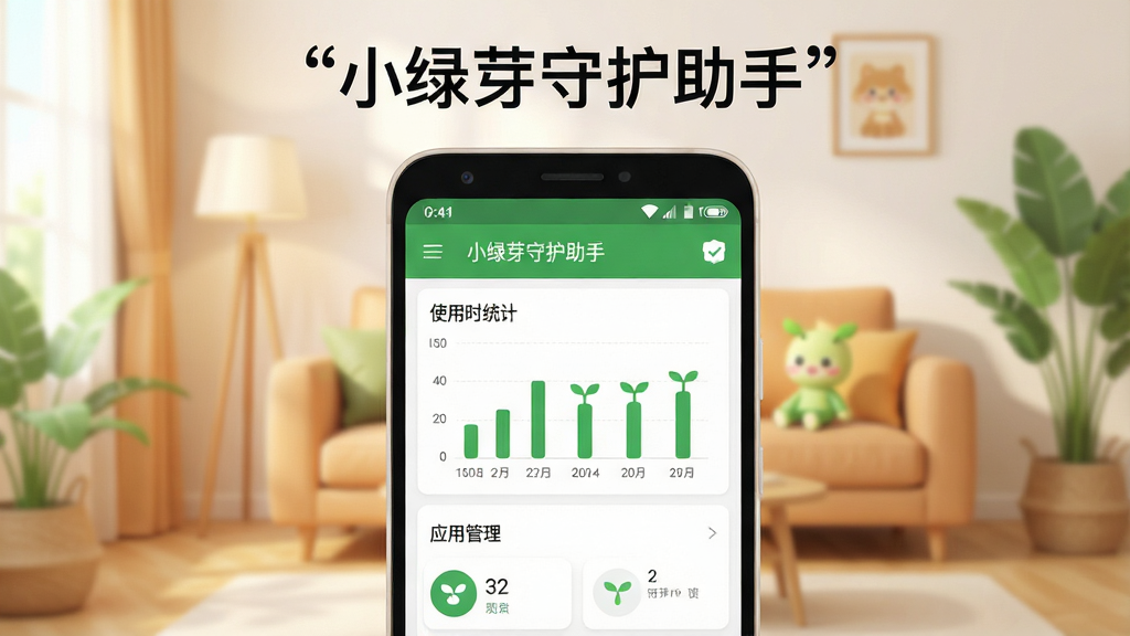 一张展示小绿芽守护助手核心功能的手机界面预览图,画面中央是一部安卓手机,屏幕上显示小绿芽守护助手的家长端主界面,界面中有使用时长统计图表和应用管理列表,背景为温馨的家庭客厅场景,整体风格清新明亮,采用扁平化UI设计风格,细节包括手机边框圆润、图标简洁、配色以绿色和白色为主,画质高清干净,无多余元素,图片上方用引号标注文字“小绿芽守护助手”。