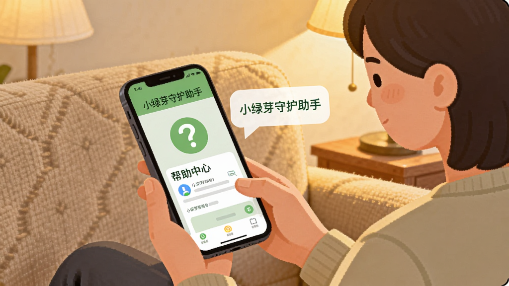 一张展示小绿芽守护助手问题解决场景的插画,画面中一位家长坐在沙发上看着手机屏幕,手机屏幕上显示小绿芽守护助手的帮助中心页面,旁边有一个问号图标和对话气泡,气泡中写着“小绿芽守护助手”,背景为温馨的家居环境,整体风格扁平化插画,细节包括沙发纹理、手机界面元素、柔和灯光,画质清晰干净,无多余元素。
