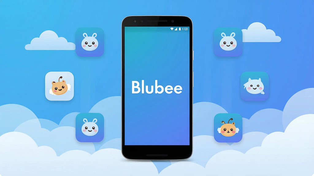 һ��չʾBlubeeӦ�������������Եĸ���ͼ������Ϊһ����׿�ֻ���Ư����Ӧ��ͼ�꣬����Ϊ�ֻ����С�ͼ�껷����Χ���Ű�Ϊ���Ĳ�Ʒչʾ��񣬷��Ϊ�Ƽ��б�ƽ�廭��ϸ�ڰ�����ɫ���䱳������ӯ���ƶ�Ԫ�ء��ֻ���Ļ��ʾBlubee���棬���ʸ��壬�ɾ��޶���Ԫ�أ�ͼ������Ϊ