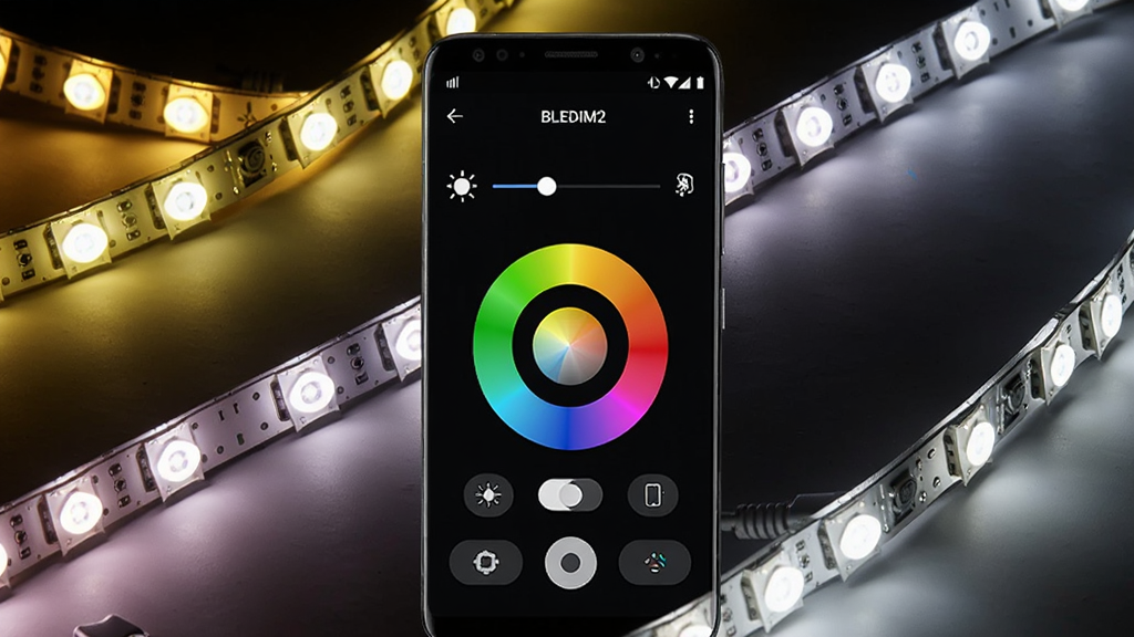 BLEDIM2 ��һ���ֻ����� LED ���������������������չʾһ����׿�ֻ����ֻ���Ļ����ʾ BLEDIM2 �ĵ�����ƽ��棬�����������Ȼ��顢ɫ�ֺ�ģʽ�л���ť���ֻ���Χ�����ż�������� LED �ƴ����ƴ���ɫ��ů�ƽ��䵽��ף�����Ϊ��ɫ���䣬ͻ���ƹ�Ч����������Ϊ�Ƽ��в�Ʒչʾͼ��ϸ�����������ʸɾ����޶���Ԫ��