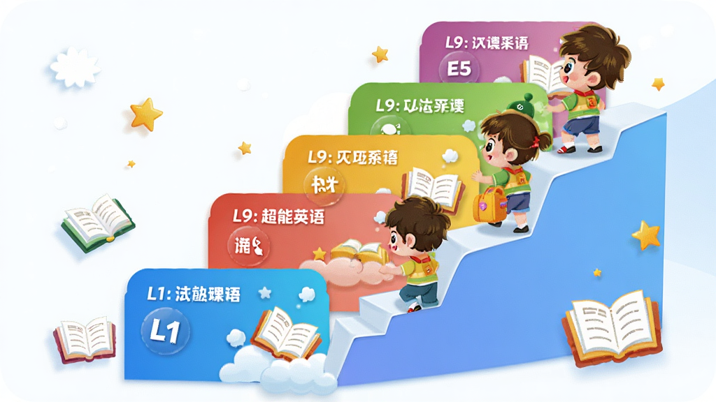 �������Ӣ��ּ��γ���ϵչʾͼ����������������ʽ���֣����µ�����������L1��L9�Ŀγ̿�Ƭ��ÿ�ſ�Ƭ��ע�����ͼ�꣬����Ϊ��ͨ��ͯ���Ž��������ʵǣ���Χ��׺�鱾�����ǣ��Ű��η��������Ϊ��ƽ����ͯ�廭��ϸ�ڰ�������ɫ�ʺ������Ӱ�����������ɾ����޶���Ԫ�ء�