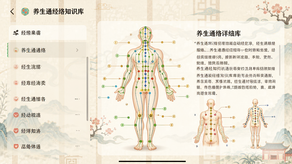 ����ͨ����֪ʶ����棬����չʾ���徭��ʾ��ͼ��Ѩλ��ע���������Ϊ�����б����Ҳ�Ϊ��ϸ������˵����ͼʾ������Ϊǳɫ��ʽ���ɫ����ͣ�����Ϊ���ҷ����Ű棬���Ϊ������APP������ƣ�ϸ�ڰ�������������ѨλԲ�㡢����ע�ͣ������������ɾ����޶���Ԫ��