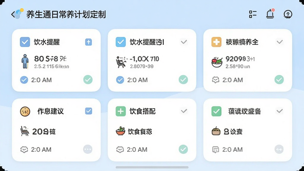 ����ͨ�ճ������ƻ����ƽ��棬����չʾһ���ճ̹滮��壬������ˮ���ѡ���Ϣ���顢��ʳ����ȿ�Ƭ������Ϊǳ��ɫ��������Ϊ��Ƭʽ�����Ű棬���Ϊ��ˬ������APP��ƣ�ϸ�ڰ�����ѡ��ʱ���ǩ��ͼ�꣬�����������ɾ����޶���Ԫ��