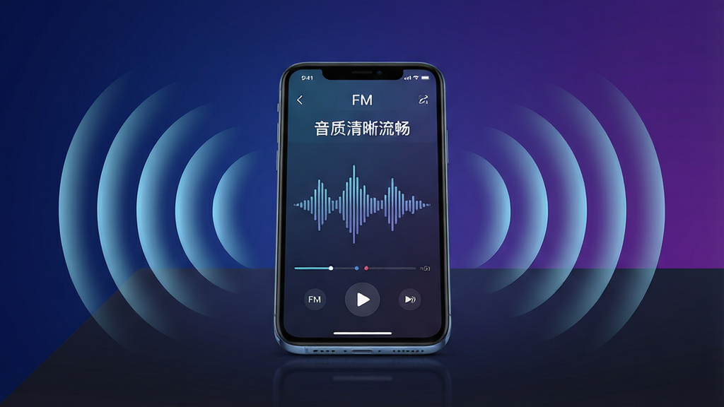 һ��չʾFM�㲥��̨�������������������������ͼ����������Ϊһ�������ֻ�ƽ������ɫ�����ϣ���Ļ����ʾFM�㲥��̨���ڲ��ŵĽ��棬������������������Ƶ���ο��ӻ��������ֻ������е���ɫ����������������ɢ��������������������������Ϊ����ɫ����ɫ�Ľ��䣬Ӫ��Ƽ������������롣���Ϊ�ִ�����Ƽ��磬ϸ������������ϸ��������ɫ�ʹ�����Ȼ�����ʸ��壬����ɾ��޶���Ԫ�ء�