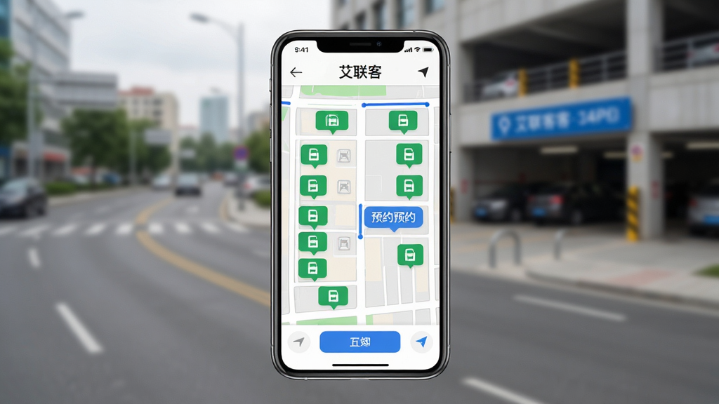 ������һ�������ֻ���Ļ����Ļ��չʾ�š������͡�APP��ͣ����ͼ���棬��ͼ�ϱ�ע�˶����ɫ���г�λͼ���һ����ɫԤԼ��ť������Ϊ�ֻ����У�������ģ���ĳ��е�·��ͣ������ڡ��Ű����������ΪдʵUI����չʾ��ϸ���ϣ���Ļ����ʱ����ʾ�͵�����ͷ�����ʸ��壬�ɾ����޶���Ԫ�ء�
