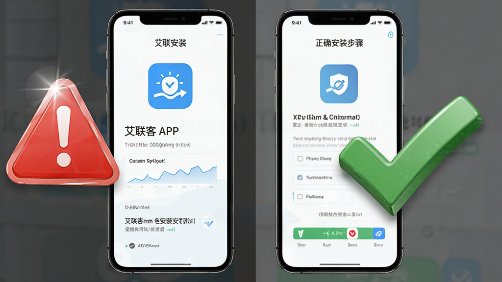 ������һ���ֻ���Ļ��ʾ�������͡�APP�İ�װ���棬�Ա���һ����ɫ�ľ����־����ɫ�Ĺ�ѡ��־���ֱ������ֹ������������Ϊ���ҶԱȣ�����ǽ�ֹ��װ����ʾ���Ҳ�����ȷ��װ�Ĳ��衣�Ű����������Ϊ�̳�ͼ�⡣ϸ���ϣ������־�и߹⣬��ѡ��־������С����ʸ��壬�ɾ����޶���Ԫ�ء�