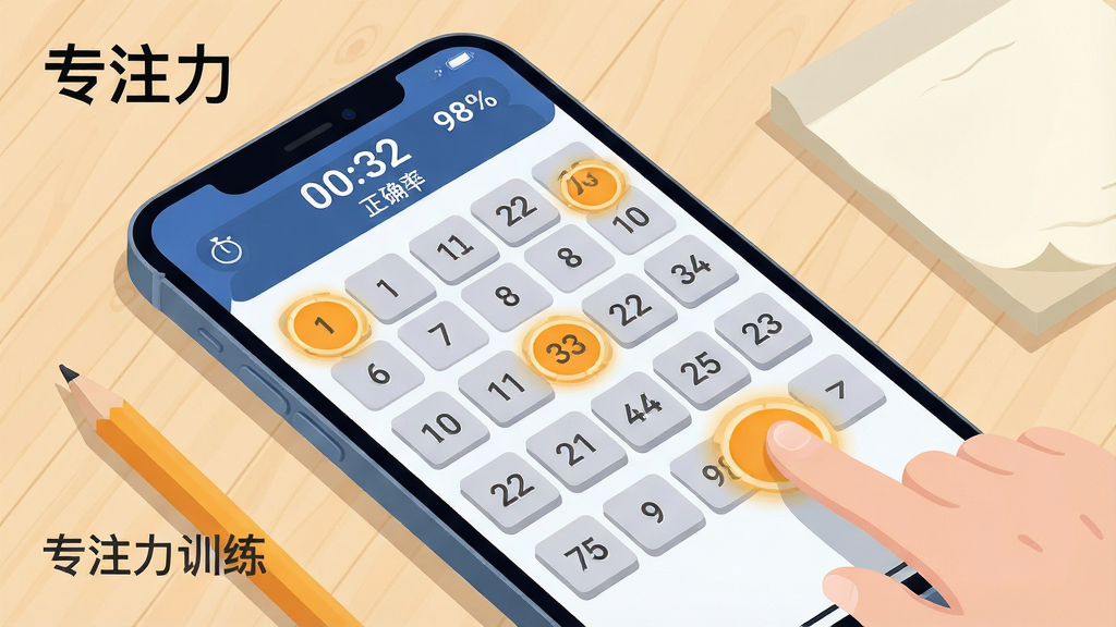 һ��չʾרע��App����ͼѵ��ģʽ�Ľ����ͼ���廭������������һ���ֻ���Ļ����Ļ����ʾ5��5�е����ַ��񣬲������ֱ���ָ���ʱ���и���Բ����������Ļ�Ϸ���ʾ��ʱ����00:32������ȷ�ʡ�98%�����ֻ�������ǳľɫ�����ϣ��Ա���һ֧Ǧ�ʺͱ�ǩֽ������Ϊб45�ȸ����ӽǣ����Ϊ��ˬ�ĿƼ��廭�磬ϸ������������΢ͶӰ���������Ϊ�Ȼ�ɫ�������пɳ������֡�רע�����͡�����ͼѵ���������ʸ��壬�ɾ��޶���Ԫ��