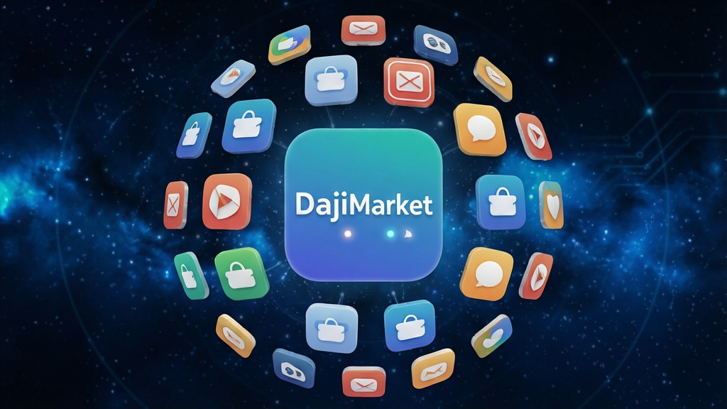 һ��չʾӦ���г�������Դ�ۺϸ����ͼƬ�����������ǡ�DajiMarket��Ӧ��ͼ�꣬��Χ�����Ÿ���Ӧ��ͼ����ɵ����壬����Ϊ����ɫ�Ƽ����ǿգ�����ִ���࣬ϸ�ڷḻ�����ʸɾ��޶���Ԫ��