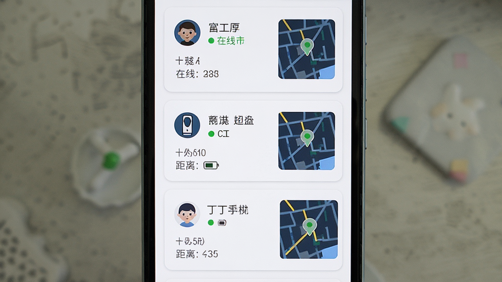 丁丁定位多设备关联管理界面,主体为一部安卓手机屏幕,显示三个设备卡片并排排列,每个卡片有设备名称、在线状态和迷你地图,布局为纵向列表,排版整齐,风格为清爽卡片式UI,细节包括头像、电量图标、距离数值,画质高清,干净,无多余元素