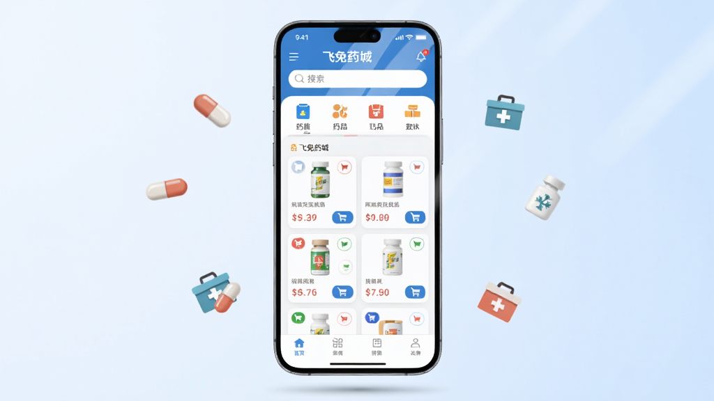����Ϊһ�������ֻ�����Ļ��ʾ����ҩ��APP��ҳ��ҳ�沼���Ϸ����������ҩƷ����ͼ�꣬�в���ҩƷ�б���Ƭ���ײ��ǵ��������Ű���þ��жԳƹ�ͼ���ֻ������ڻ������룻���Ϊ�ִ���Լ�Ƽ��磬����Ϊ�ɾ���ǳ��ɫ���䣻ϸ�����ֻ���Ļ����΢���⣬ҩƷ��Ƭ���м۸��ǩ�͹��ﳵ��ť����ΧƯ����ҩ�衢���ҡ�ҩ��ȱ�ƽ��Сͼ�ꣻ����Ϊ4K���壬����ɾ����޶���Ԫ�أ����������֡�