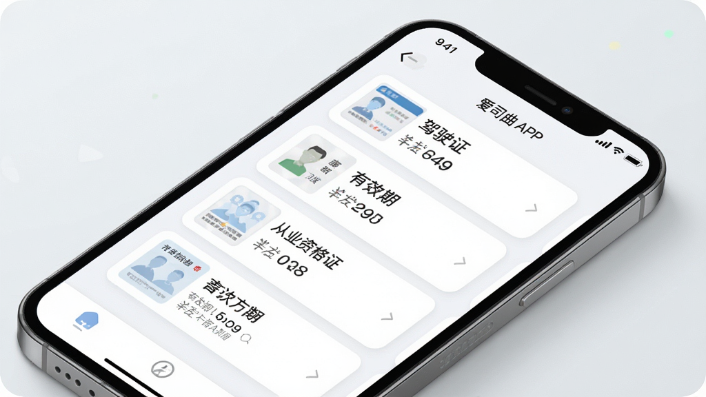 һ��չ�ְ�˾��APP�������ʹ������ܵĽ����ͼ���ͼƬ������Ϊ�ֻ���Ļ��д����Ļ����ʾ֤����Ƭ�б�����������ʻ֤������ҵ�ʸ�֤�������ֱ�ǩ����Ч����Ϣ��ҳ�����ǳɫ������Բ�ǿ�Ƭ��ƣ����Ϊ�ִ��ƶ���UIչʾ�磬ϸ�ھ��£������������ɾ����޶���Ԫ��