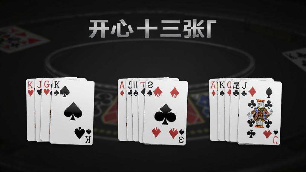 开心十三张经典玩法展示图,画面中展示三组扑克牌分墩排列,头墩中墩尾墩标签清晰,背景为深色渐变牌桌,风格简洁专业,画质高清干净,无多余元素