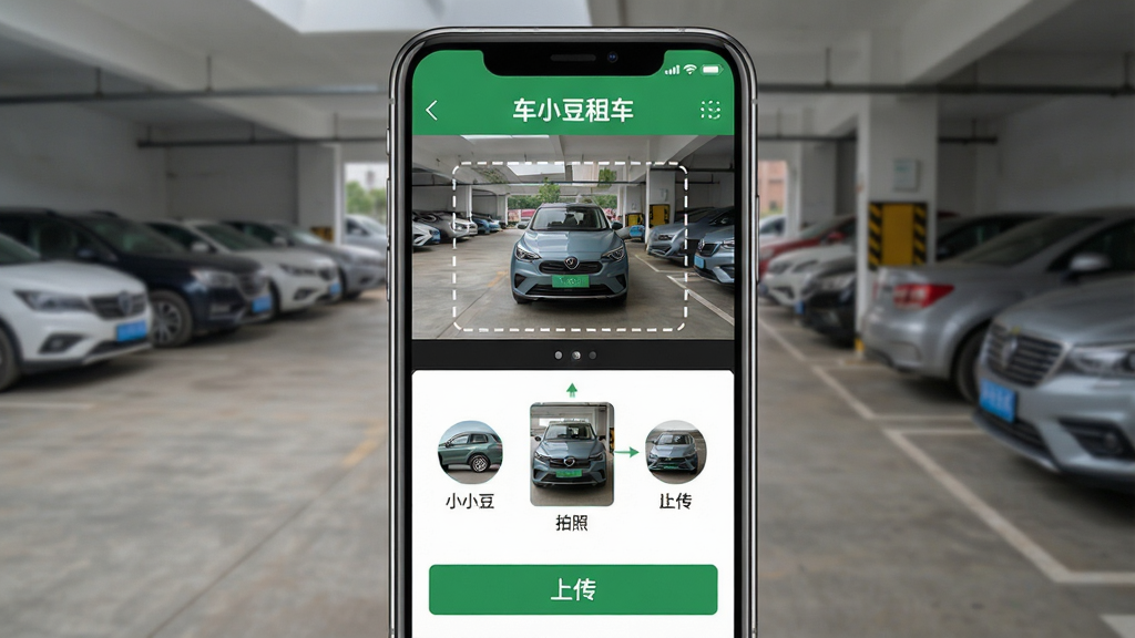 һ��չʾ��С���⳵�鳵���չ��ܵ�ͼƬ���������ֻ���Ļ��ʾ�ų�С���⳵APP���鳵ҳ�棬ҳ�����г�����۵�����ָ�����ϴ���ť����Ļ�Ϸ��С���С���⳵�����֣�������ͣ����ʵ��������Ϊ���½ṹ���Ϸ�������ʾ��ͼ���·��ǲ�����ť�����ʵ��������ϸ�����������������߿���ʾ�����ʸ��壬�ɾ����޶���Ԫ��