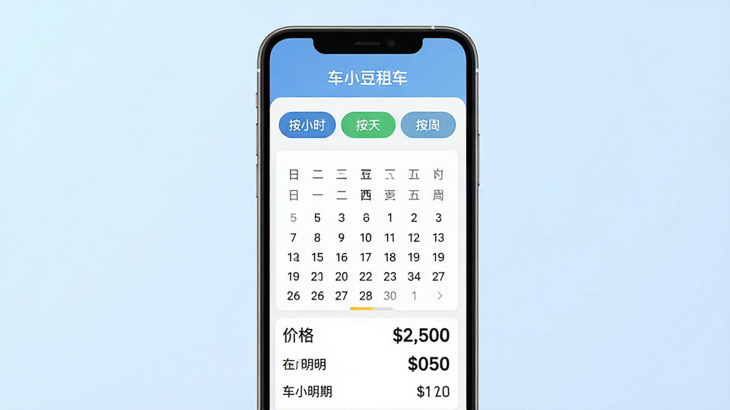 һ��չʾ��С���⳵����ѡ������ͼƬ���������ֻ���Ļ��ʾ�ų�С���⳵APP������ѡ��ҳ�棬ҳ�����С���Сʱ�������족�����ܡ���ѡ�ť���·�������ѡ�����ͼ۸���ϸ����Ļ�Ϸ��С���С���⳵�����֣������ǵ���ɫ���䣬����Ϊ��ֱ���У�������¼�Լ��ϸ���ϰ�ť��Բ����ƣ��۸�����ͻ�������ʸ��壬�ɾ����޶���Ԫ��