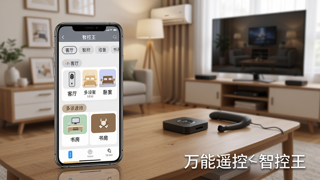 һ��չʾ����ң���ǿ������豸�����볡���������ܵ�AI����ͼ������������һ���ֻ������ڿ����輸�ϣ��ֻ���Ļ��ʾ����ң���ǿ����Ķ��豸�������棬�������п��������ҡ��鷿�ȷ����ǩ��ÿ���������ж�̨�豸ͼ�꣬��������ܰ�ļҾӻ������������е��ӡ��յ��������е�ʵ����Ϊдʵ�Ҿӷ磬ϸ�����ֻ������������豸ͼ�꾫�£������������ɾ��޶���Ԫ�أ�ͼƬ�д������֡�����ң���ǿ�������