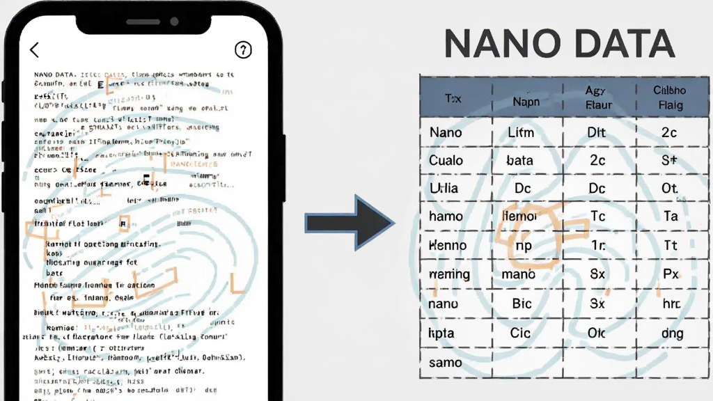 һ��չʾ NANO DATA ����ʶ���ܵ�ʾ��ͼ���������ֻ���Ļ�����ʾһ�������ı����Ҳྭ����ͷָ����Ϊ����ı��񣬱����Ϸ��С�NANO DATA������������Ϊǳ��ɫ������ƽ��������ɾ������廭��