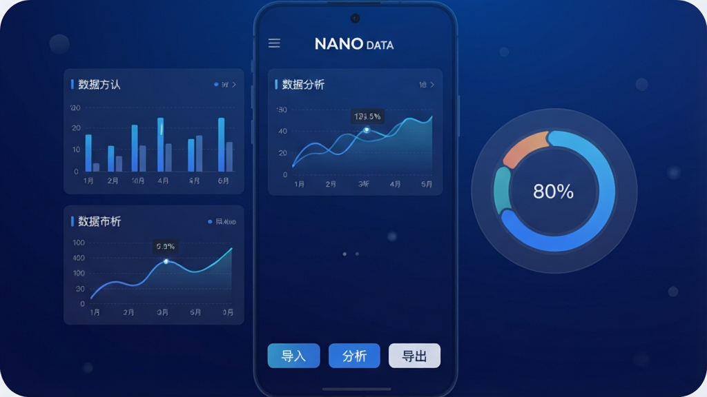 һ��չʾ NANO DATA �ֻ�Ӧ���������Ԥ��ͼ����������������ɫ���䱳���µ������Ǳ��̣������������״ͼ������ͼģ�飬�Ҳ�������Բ������ռ��ͼ���ײ��С����롱����������������������ť����������Ƽ��У�����ɾ��޶���Ԫ�أ����廭��