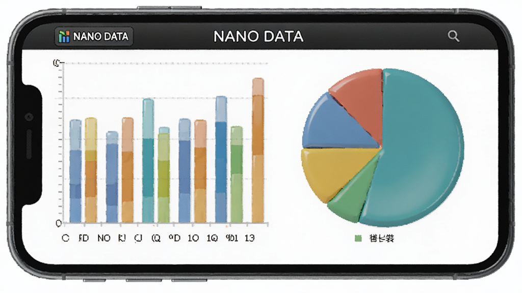 һ��չʾ NANO DATA ͼ�����ɽ����ͼƬ���������ֻ���Ļ����ʾһ����ɫ��״ͼ��һ����ͼ�������У�ͼ���·������ݱ�ǩ����Ļ�����С�NANO DATA��Ӧ�����ƣ�����Ϊ��ɫ��������¼�࣬����ɾ������廭��