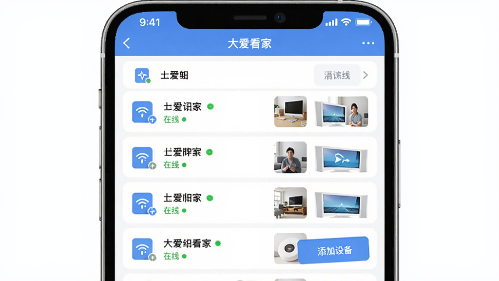 �󰮿��Ҷ��豸��������ͼ������չʾ�ֻ���Ļ���豸�б�ҳ�棬����Ϊ�����б����У����Ϊ��ˬ���߷磬ϸ�ڰ����豸���ơ�����״̬ͼ�ꡢ����ͼԤ���������豸��ť�������������ɾ����޶���Ԫ��