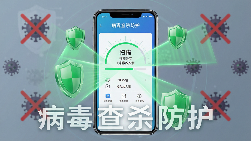 �ֻ��ܼҰ�ȫ���岡����ɱ����չʾͼ������������һ���ֻ�����ִ�в���ɨ�裬��Ļ����ʾɨ����Ⱥ���ɨ���ļ��������ֻ���Χ��������ɫ�Ķ��ƺ�ɨ���������������Լ�ɼ������صĲ���ͼ�꣬������ȫ�ɿ���ϸ�����������ʸ��壬�ɾ��޶���Ԫ�أ����ֱ�ʶΪ��������ɱ������