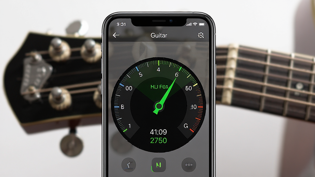 һ��չʾGuitar����У�����������н����ͼƬ������Ϊһ�������ֻ�����Ļ����ʾ�ż�����������ָ����̽��棬ָ��ָ����ɫ���򣬱���Ϊģ���ļ�����ͷ�����ң�����Ϊ�ֻ�����չʾ�����Ϊ�ִ��Ƽ���UI��ƣ�ϸ�ڰ���������������ʶ��Ƶ����ֵ�����ʸ��壬�ɾ����޶���Ԫ�ء�