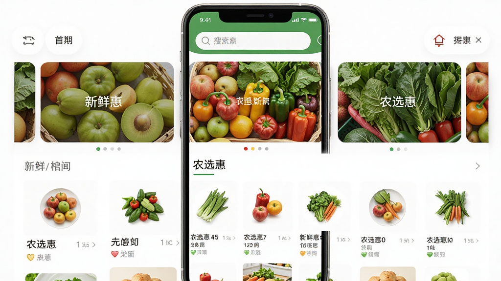 ũѡ���ֻ�Ӧ�ý���չʾ������Ϊһ������ڷŵ������ֻ�����Ļ��ʾũѡ��APP��ҳ��ҳ�沼�ְ��������������в��ֲ�ͼչʾ����ˮ���߲ˡ��·���Ʒ�б��������룬�Ű������������Ϊ�ִ���ƽ����ƣ�ϸ������Ļ�����������ɼ������ʸ��壬����ɾ����޶���Ԫ��