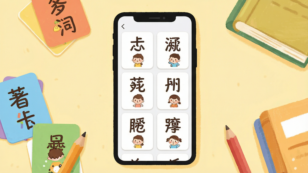 һ��չʾ�׿�ʶ������������Ĳ廭������������һ�������ֻ�����Ļ����ʾ�׿�ʶ��Ӧ�ý��棬�������ж�����ֿ�Ƭ���������У�ÿ�ſ�Ƭ���к��ֺͶ�Ӧ�Ŀ�ͨСͼ���ֻ���Χɢ���Ų�ɫʶ�ֿ�Ƭ��Ǧ�ʺ��鱾����������ů��͵�ǳ��ɫ������������ͯȤ�����ʸɾ��������޶���Ԫ��