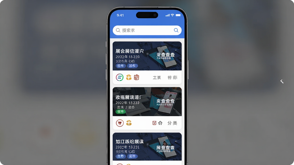 ����Ϊһ�������ֻ�����Ļ��ʾչ���������ҳ���棬�Ϸ�Ϊ�������м�Ϊչ�ῨƬ�б������ֲ��þ������湹ͼ���Ű������ֲ㣬���Ϊ�ִ���ƽ���Ƽ��磬ϸ�ڰ���չ�����ơ����ڡ����б�ǩ����ҵ����ͼ�꣬���ʸ��壬����ɾ����޶���Ԫ��