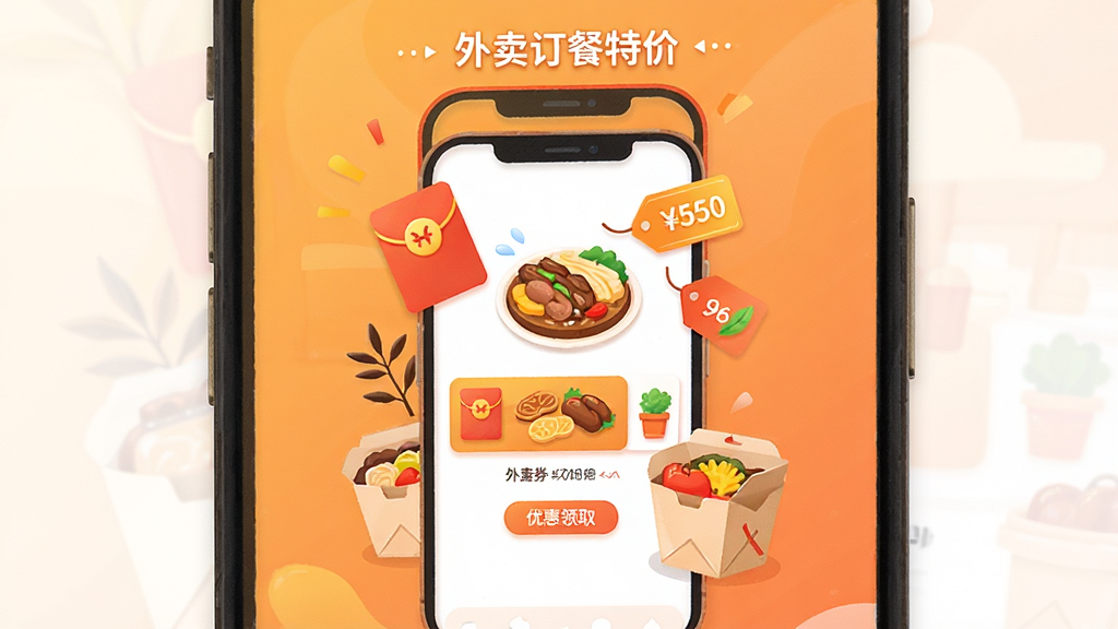 �������ơ����������ؼۡ�������չʾ���ֻ���Ļ������ʾ�Ż�ȯ��ȡҳ�棬����Ϊů��ɫ���䣬����Ϊ�ֻ�����ʳͼ����ϣ����־��У��Ű������������Ϊ��ƽ��UI�廭��ϸ�ڰ���������ۿ۱�ǩ�������ͺе�Ԫ�أ����ʸ��壬�ɾ����޶���Ԫ��