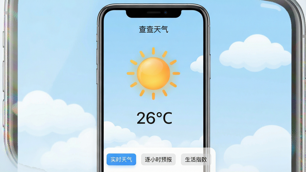 һ��չʾ�����ֻ���Ļ��ͼƬ����Ļ����ʾ�š����������Ӧ�õĽ��棬������������һ������̫��ͼ�꣬�·���ʾ�¶ȡ�26��C���������ǵ���ɫ����պͼ�����ơ�����ײ��С�ʵʱ������������СʱԤ������������ָ�����Ȱ�ť�����岼�ּ�����ˣ���������ִ���ϸ�����������ʸɾ����޶���Ԫ�أ��ʺ���Ϊ��������ͼ��
