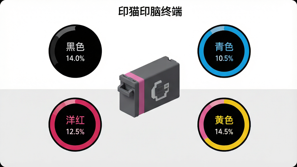 һ��������Ϣչʾ���棬����Ϊ��ӡ��ī�е�����ͼ�꣬��Χ�����ĸ�Բ�ν��������ֱ��ע����ɫ������ɫ������족����ɫ�����������·���ʾʣ��ٷֱ����֡����涥���С�ӡèӡ���նˡ����ֱ�ʶ������Ϊ��ɫ��ǳ��ɫ���䣬�����ˬ�����ʸɾ����޶���Ԫ�ء�