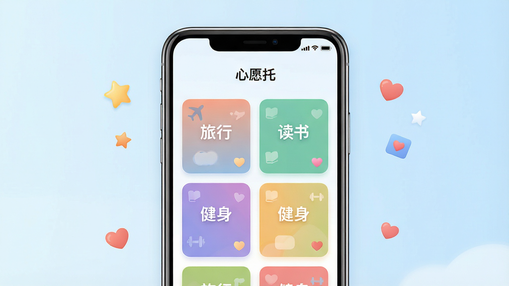 һ�ż�����µ��ֻ�Ӧ�ý���չʾͼ������������һ���ִ������ֻ����ֻ���Ļ����ʾ�š���Ը�С�Ӧ�õ������棬�������ж����ɫ��Ը��Ƭ�������У���Ƭ��д�С����С������顱������������������������͵�ǳ��ɫ���䣬��Χ��׺�����ǺͰ��ĵ�Сͼ�꣬��������ܰ�����������������ɾ��޶���Ԫ�ء�