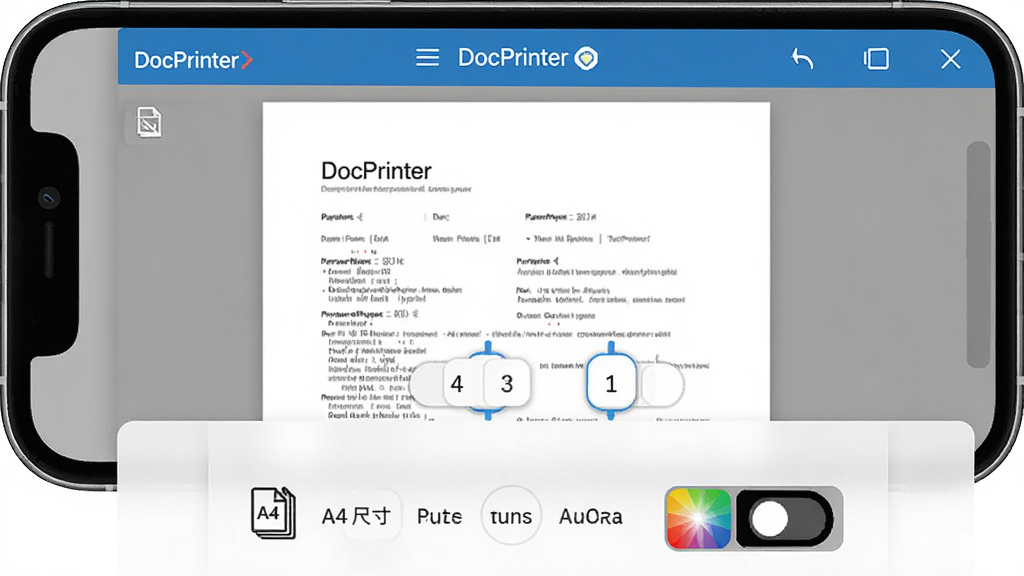 DocPrinter ��ӡԤ����������ý��棬����Ϊ�ֻ���Ļ��ʾ�ĵ�Ԥ��ҳ�棬�·���ֽ�ųߴ硢������ɫ��ģʽ������ѡ�����Ϊ���½ṹ���Ϸ�Ԥ���·����ã��Ű����������Ϊ�ƶ�Ӧ�� UI ���չʾ��ϸ�ڰ��� A4 ֽ��ͼ�ꡢ���ֵ���������ɫ��ڰ��л���ť��DocPrinter ������⣬���ʸ��壬����ɾ����޶���Ԫ�ء�