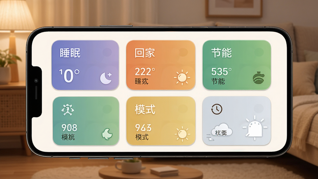�յ��ҵ�����ң����APP����ģʽ���ý��棬�ֻ���Ļ��ʾ˯�ߡ��ؼҡ����ܵ�ģʽ��Ƭ�������������У������ܰ���ʣ�ϸ�ڰ����¶����ֺ�ͼ�꣬���ʸ��壬�ɾ����޶���Ԫ��