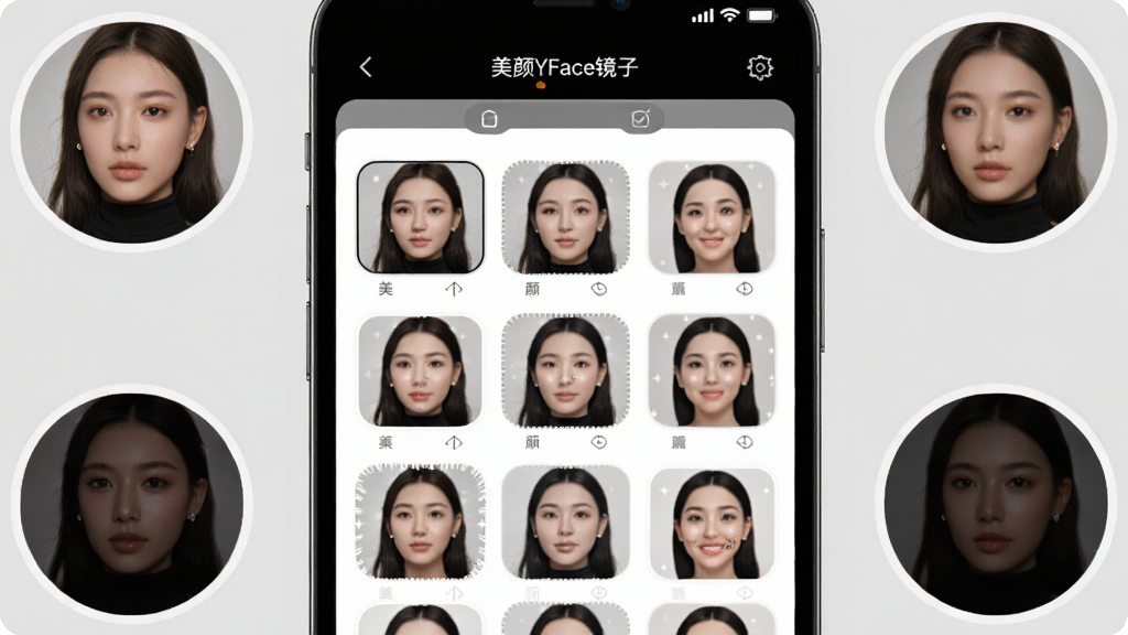һ������YFace�����˾�ѡ������չʾͼ���������ֻ���Ļ�ڳ��ֶ���˾�����ͼѡ���Ļ�����ְ���������YFace���ӡ�����Χ���Ʋ�ͬ����Ч����Բ��Ԥ��Сͼ������Ϊǳ��ɫ���������Լʱ�У�ϸ�ڷḻ�����ʸ��壬�ɾ��޶���Ԫ�ء�