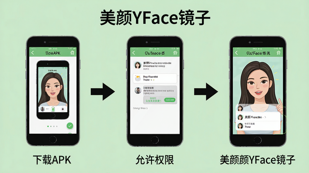 һ������YFace��������ʹ�ò���ʾ��ͼ�������Ϊ�������裬��һ����ʾ����APK���ڶ�����ʾ����Ȩ�ޣ���������ʾ������YFace���ӽ��棬ÿ�������ü�ͷ���ӣ������д��С�����YFace���ӡ����֣�����Ϊǳ��ɫ����������̷̳磬ϸ�ڸɾ������ʸ��壬�޶���Ԫ�ء�
