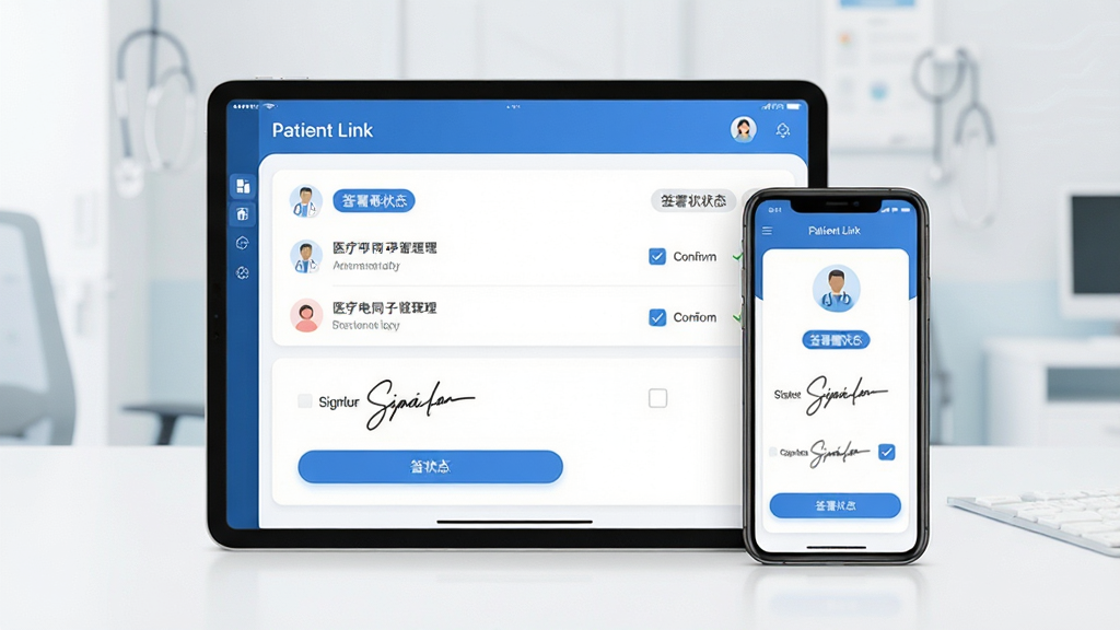Patient Link ҽ�Ƶ���ͬ�����������������չʾ������Ϊƽ��������ֻ�˫�豸������ʾӦ�ý��棬���ֲ��þ��жԳƹ�ͼ���Ű�����Ļ��չʾͬ�����б���ǩ��״̬��ǩ�����Ϊ�ִ���Լҽ�ƿƼ��磬ϸ�ڰ�����ɫ��ɫ������ɫ��Ƭ��Բ�ǰ�ť��ҽ���뻼�߽�ɫͼ�ꡢ����ǩ���ʼ�����ѡȷ�Ͽ򣬻��ʸ��壬�ɾ����޶���Ԫ��