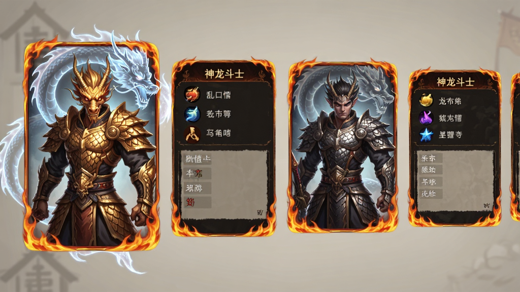 主体是乱世龙魂游戏中的神龙斗士角色展示界面,布局为多个斗士卡牌横向排列,排版左侧是角色立绘右侧是属性面板,风格为东方玄幻卡牌设计,细节上龙魂斗士身披龙鳞铠甲、背后有神龙虚影、卡牌边框有火焰纹路,画质高清,干净,无多余元素