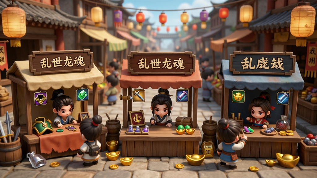 主体是乱世龙魂游戏内的摆摊交易场景,布局为热闹的集市街道,排版上多个玩家角色头顶摆摊招牌,风格为东方玄幻Q版与写实结合,细节上摊位上摆放着装备和材料图标、金币元宝散落、灯笼高挂,画质高清,干净,无多余元素