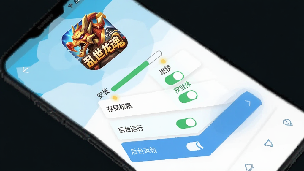 主体是手机屏幕上显示乱世龙魂游戏安装进度条与权限设置界面,布局为竖版手机截图风格,排版上方是游戏图标下方是权限开关列表,风格为科技扁平化UI,细节上高亮显示存储权限和后台运行权限,画质清晰,干净,无多余元素