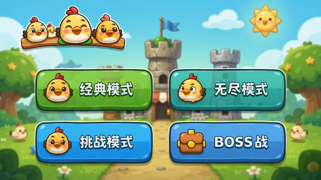 ��ͨ������Ϸģʽѡ����棬չʾ����ģʽ���޾�ģʽ����սģʽ��BOSSս�ĸ�ѡ�ť��ÿ����ť���ж�Ӧ��Сͼ�꣬�����ǿ�ͨ������Ϸ��������С�������ı���Ϳɰ�С������Q�滭�磬ɫ�����������ʸ��壬�ɾ������޶���Ԫ��