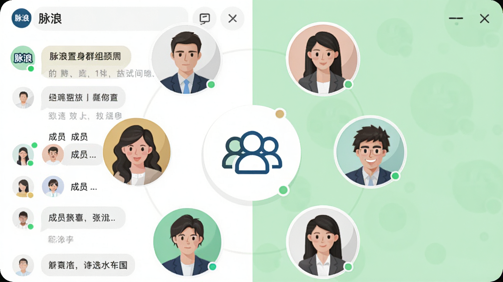 ����û�ͷ��Χ��һ������Ⱥ��ͼ�����У�������ʾ�����ˡ�Ⱥ�����촰�ڣ������ö���Ϣ�ͳ�Ա�б�������Ϊ��ɫ��ǳ��ɫ���䣬����Ϊ���з���״��ͼ�����Ϊ�������廭��ϸ������Ϣ���ݺ�����״̬�㣬���ʸ��壬�ɾ����޶���Ԫ��