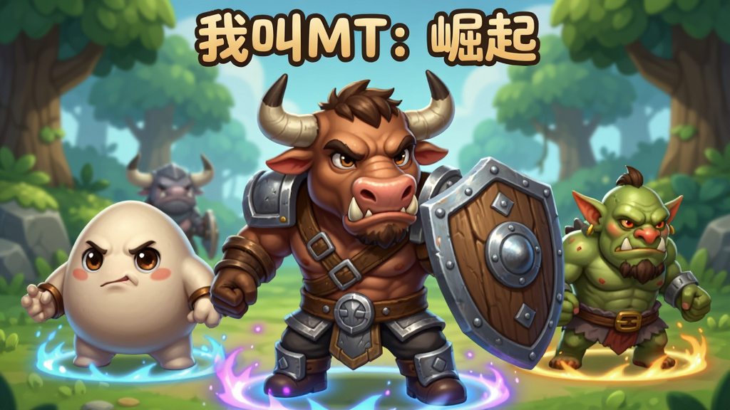 画面中央是一个Q版牛头人战士举着盾牌做出防御姿态,周围环绕着傻馒、劣人等队友,角色下方有技能光环和粒子特效,背景是卡通风格的森林场景,画面顶部用圆润字体写着“我叫MT:崛起”,布局为居中对称构图,风格为游戏角色展示图,细节包括角色表情和装备纹理,画质为高清,画面干净,无多余元素