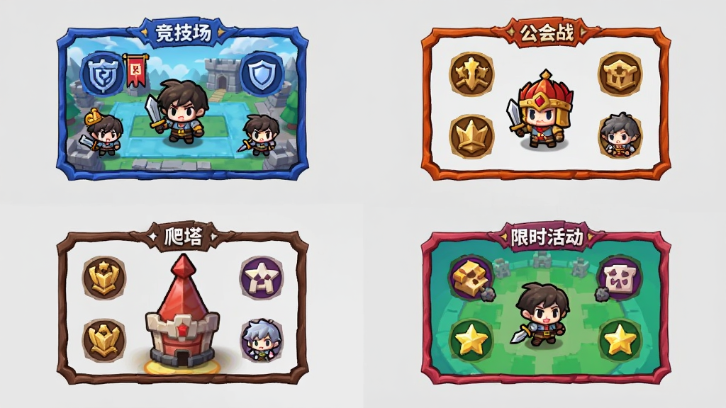 画面由四个不同颜色的小场景拼合而成,分别代表竞技场、公会战、爬塔和限时活动,每个场景内有对应的Q版角色和图标元素,背景为统一的浅灰色底,布局为田字格排列,风格为游戏功能入口图标集合,细节包括每个场景的边框装饰和主题色,画质为高清,画面干净,无多余元素